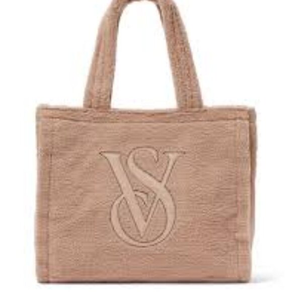 NWT Victoria's Secret Sherpa Tan / Taupe/ Beige  Plush Fleece Fluffy Tote Bag - Picture 1 of 7